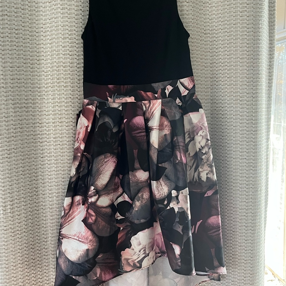 SLNY Black and Floral High Low Dress
